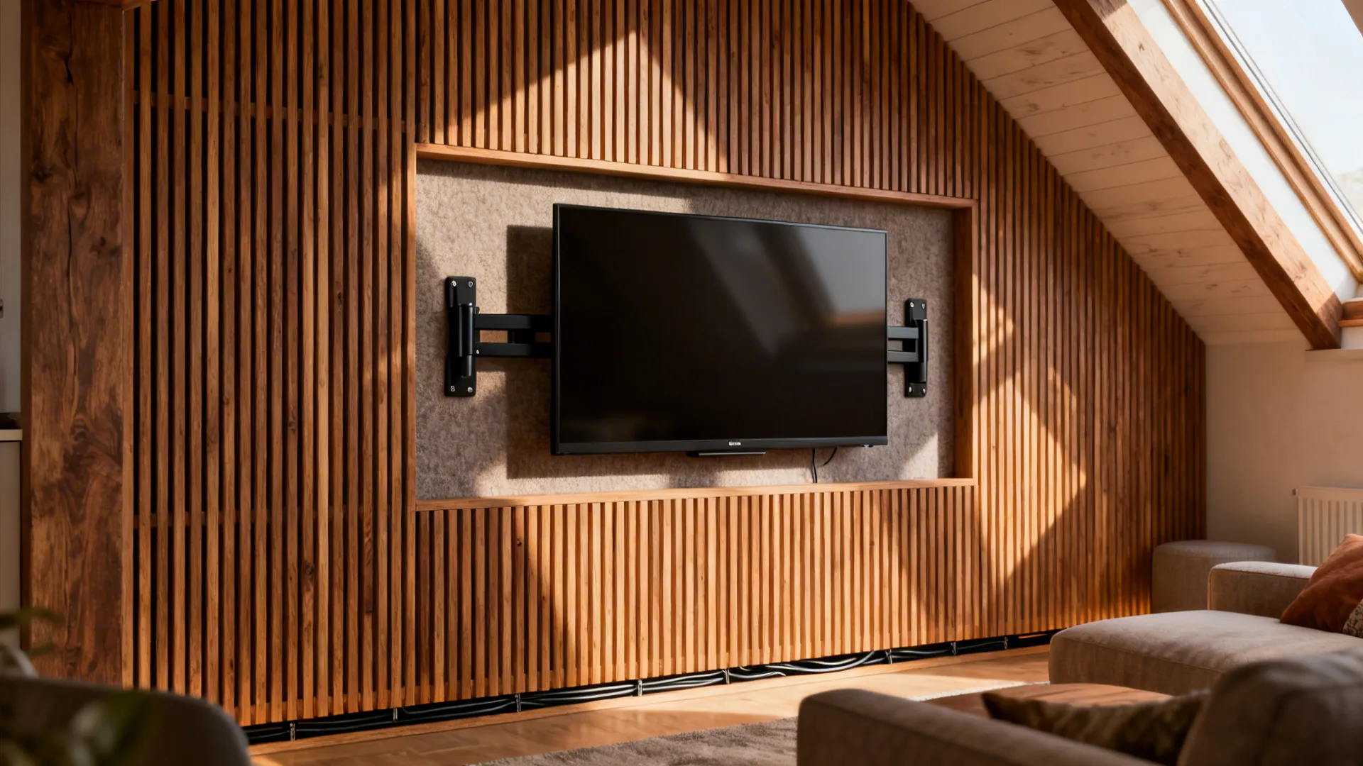 Slatted oak panel TV wall with hidden wiring gap and matte black arm in a compact living room.