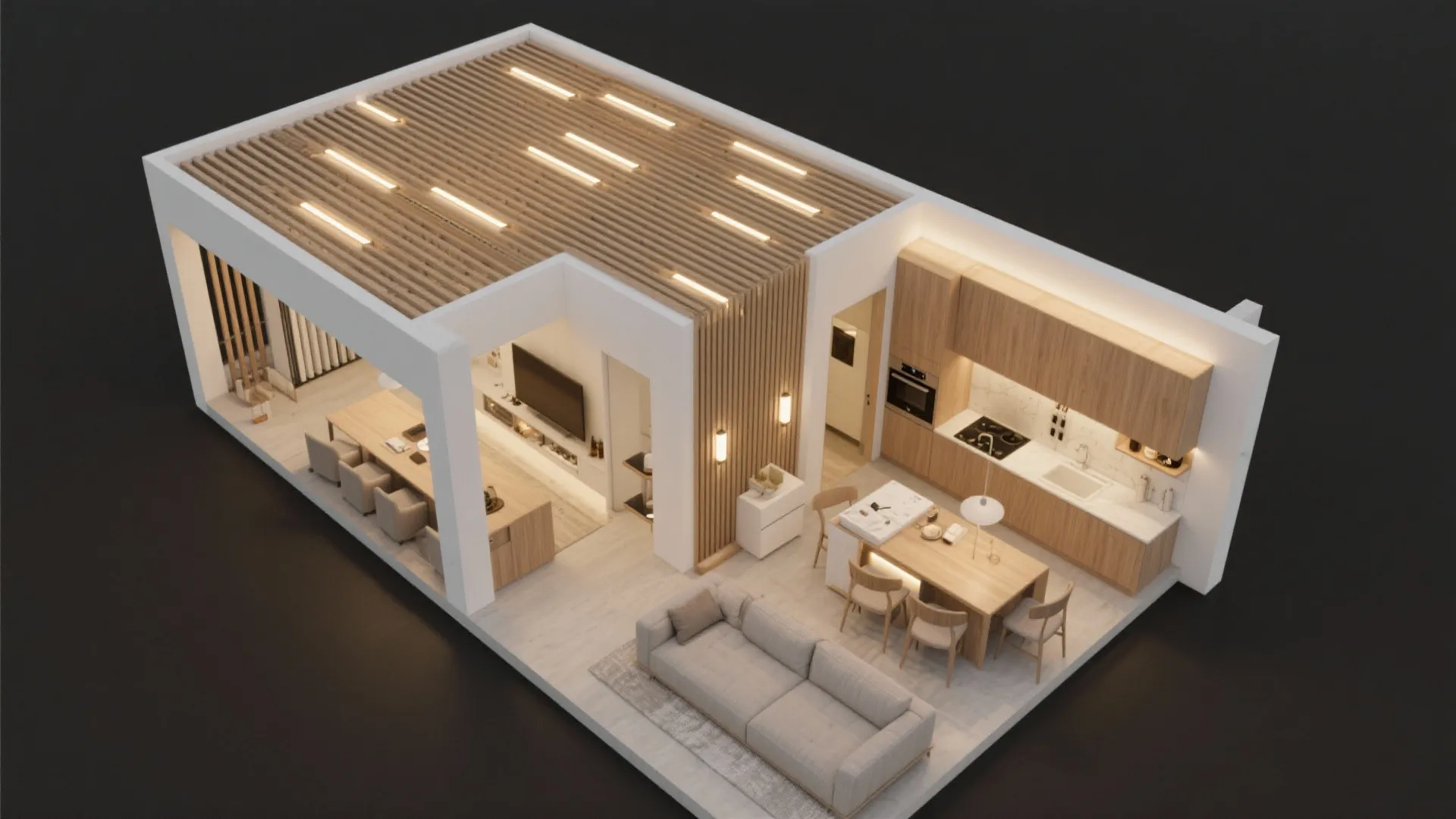 Top-down visualization of slim wood slats with compact LED panels unifying living and kitchen zones.
