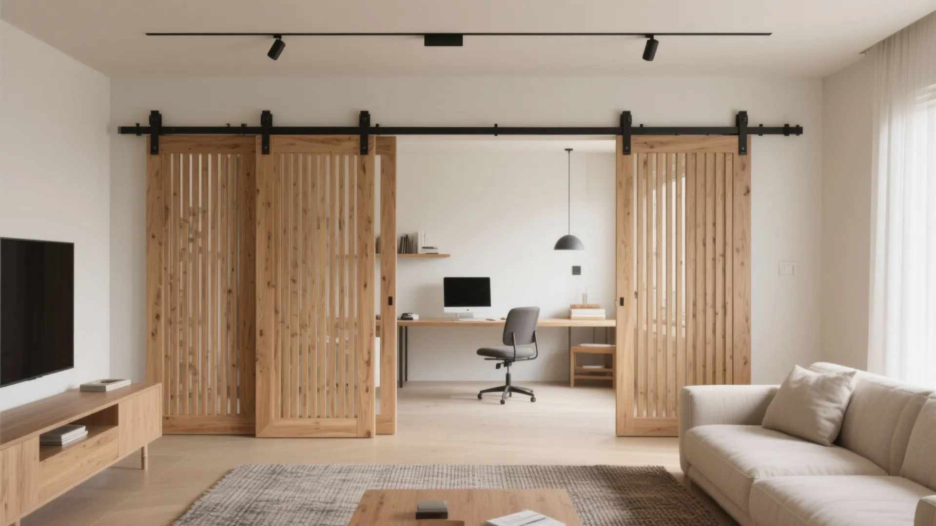 Modern living room with wooden sliding doors opening into a home office and white sofa