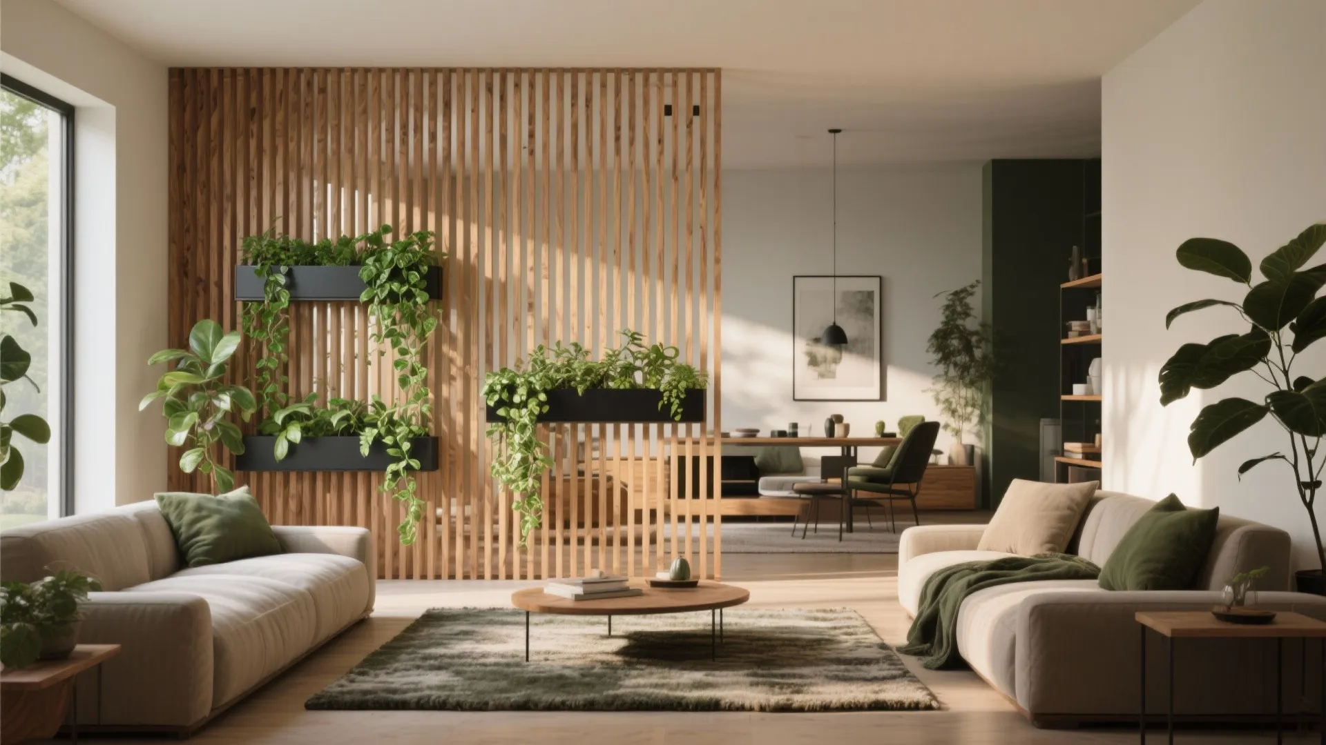 Slatted wood divider with integrated planters