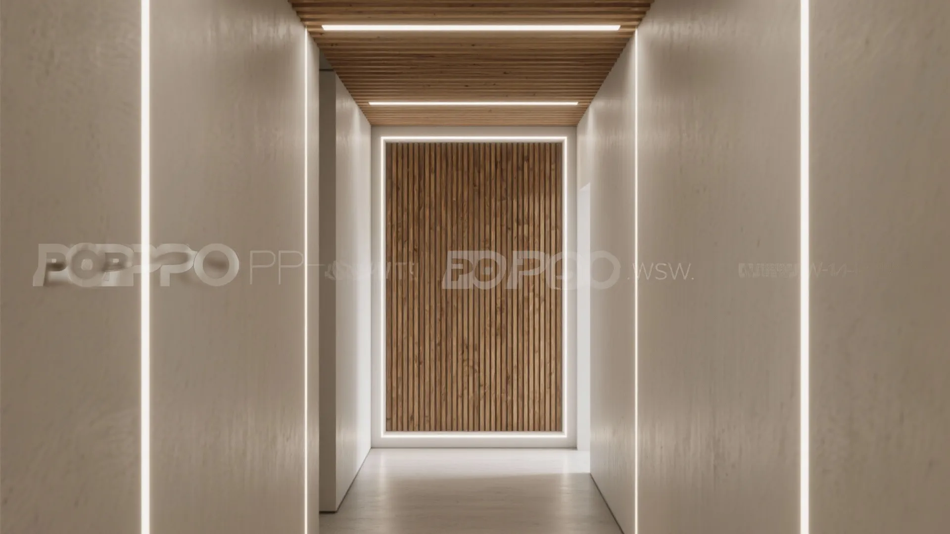Interior corridor featuring wood panel ceiling and wall with vertical light strips on both sides