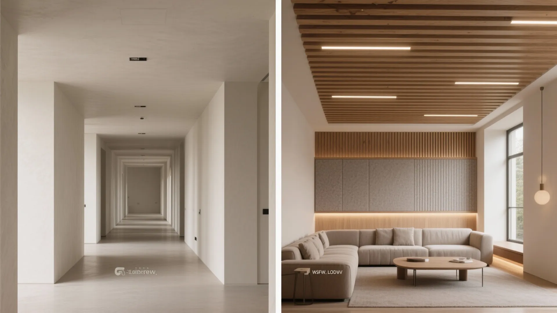 Before-and-after of a hall showing the transformation with a slim wood slat raft and acoustic backing above the sofa.