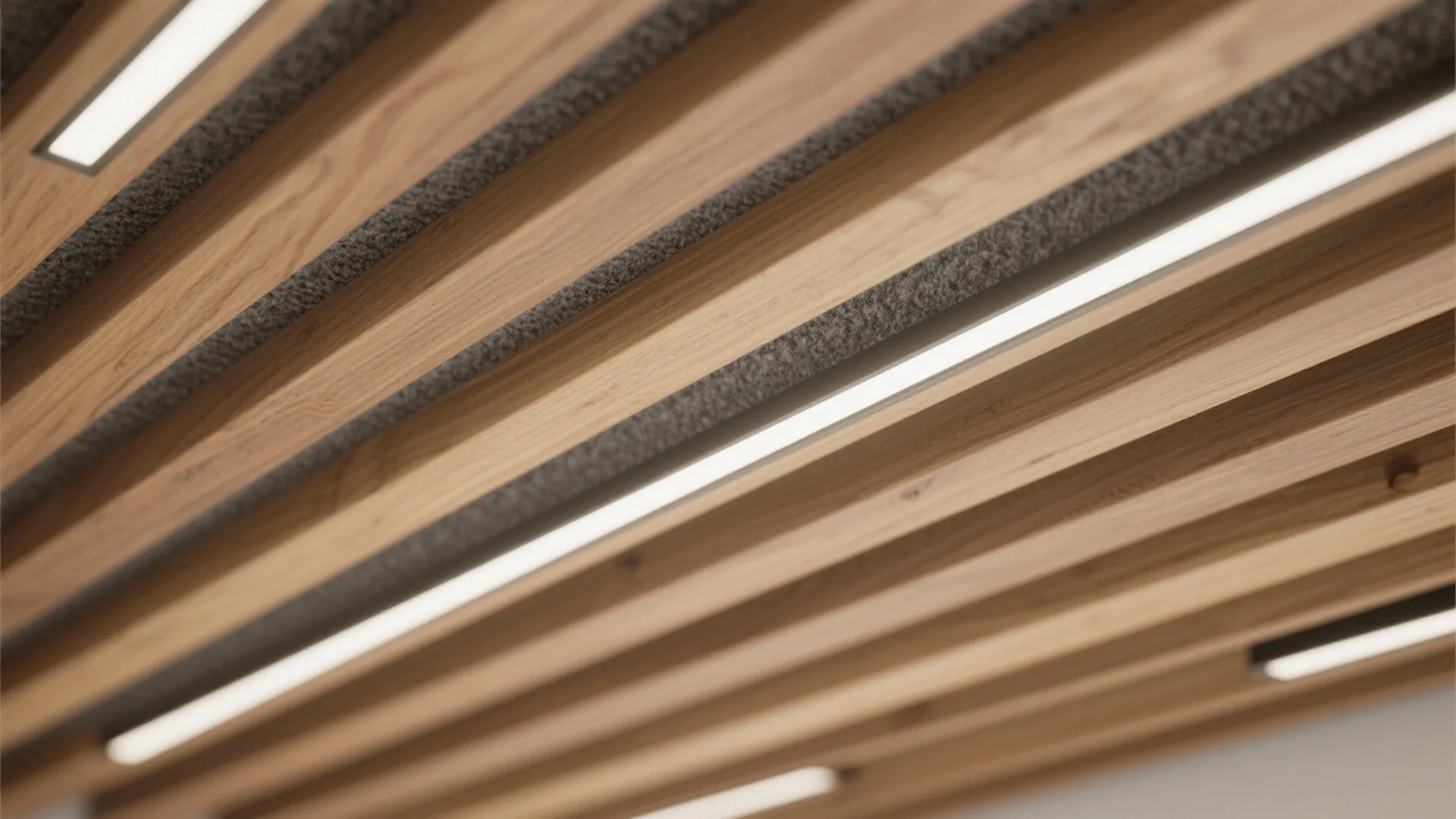 Close-up of wood slat raft with acoustic felt backing and linear light, showing detailed wood grain and felt texture.