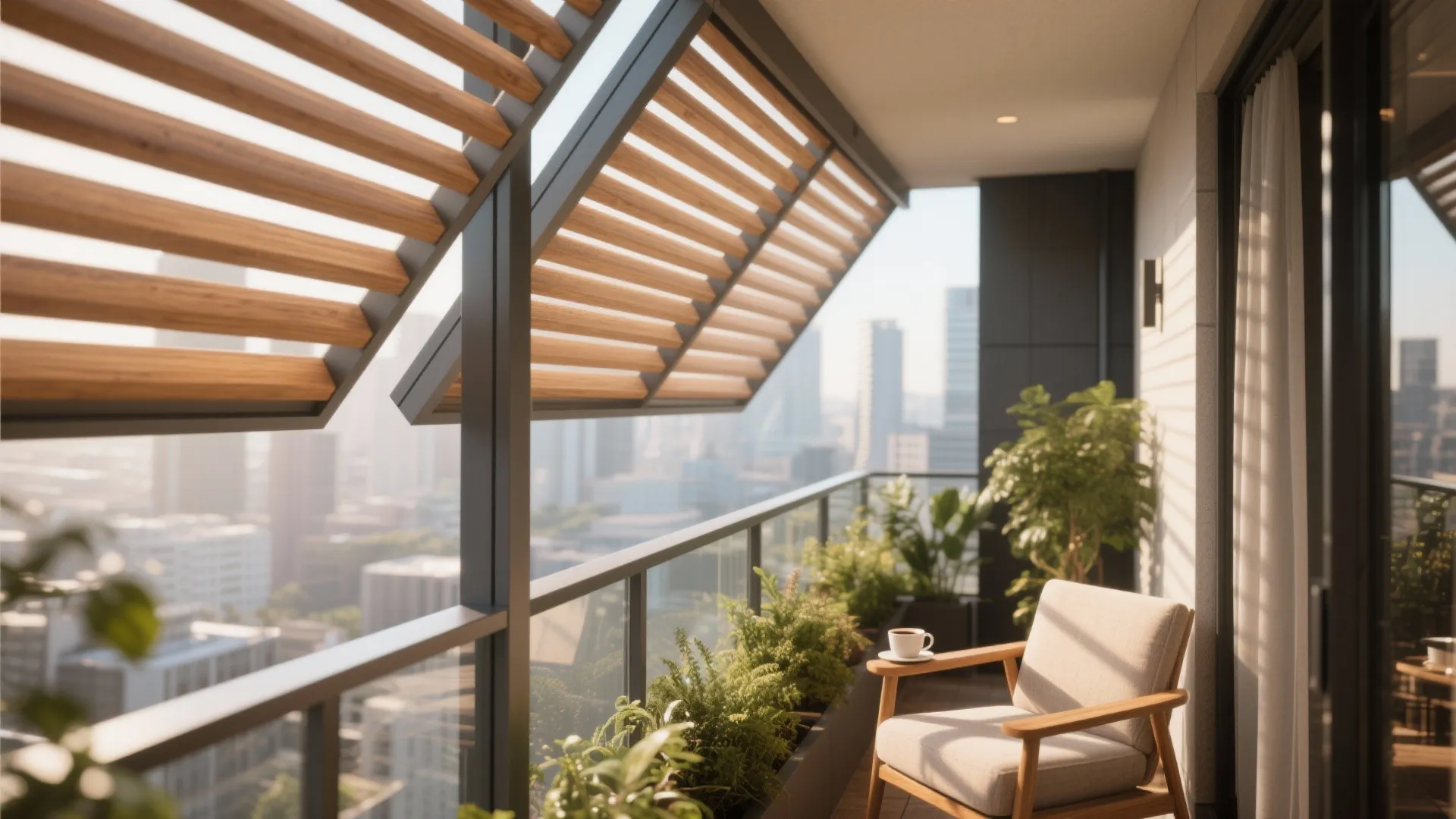 Slim framed slat roof for privacy and airflow