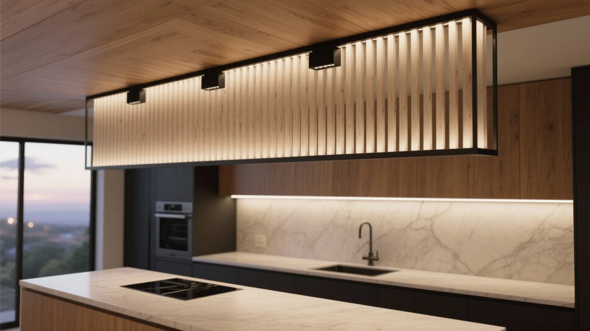 Ceiling-hung slat screen with integrated lighting