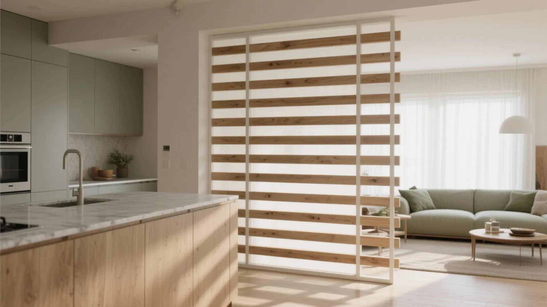 Slatted wood screen divider