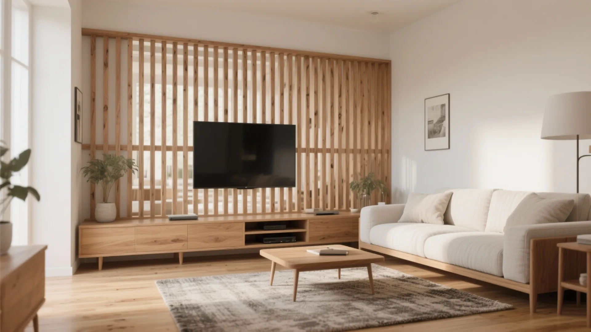 Living room featuring a wooden vertical slat wall divider behind a television and white sofa