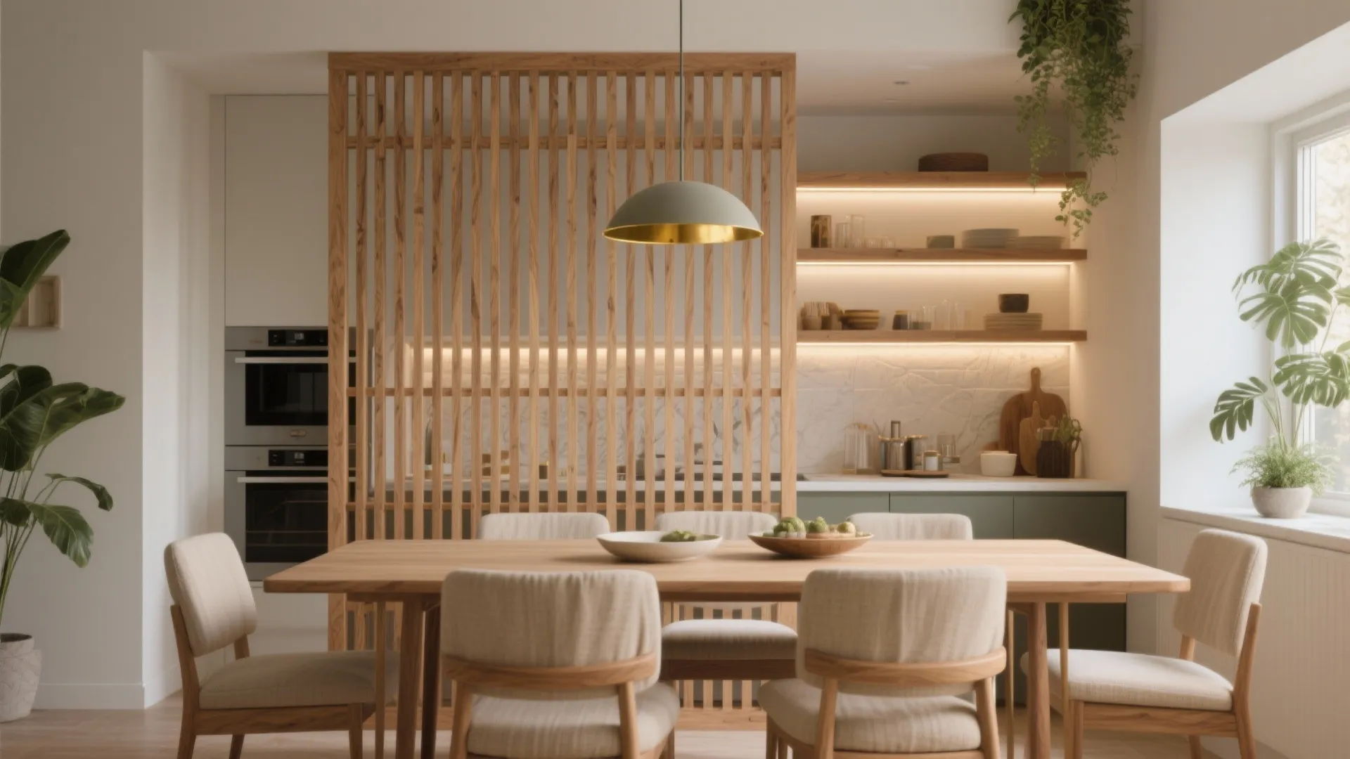 Warm slatted wood screens with built-in storage