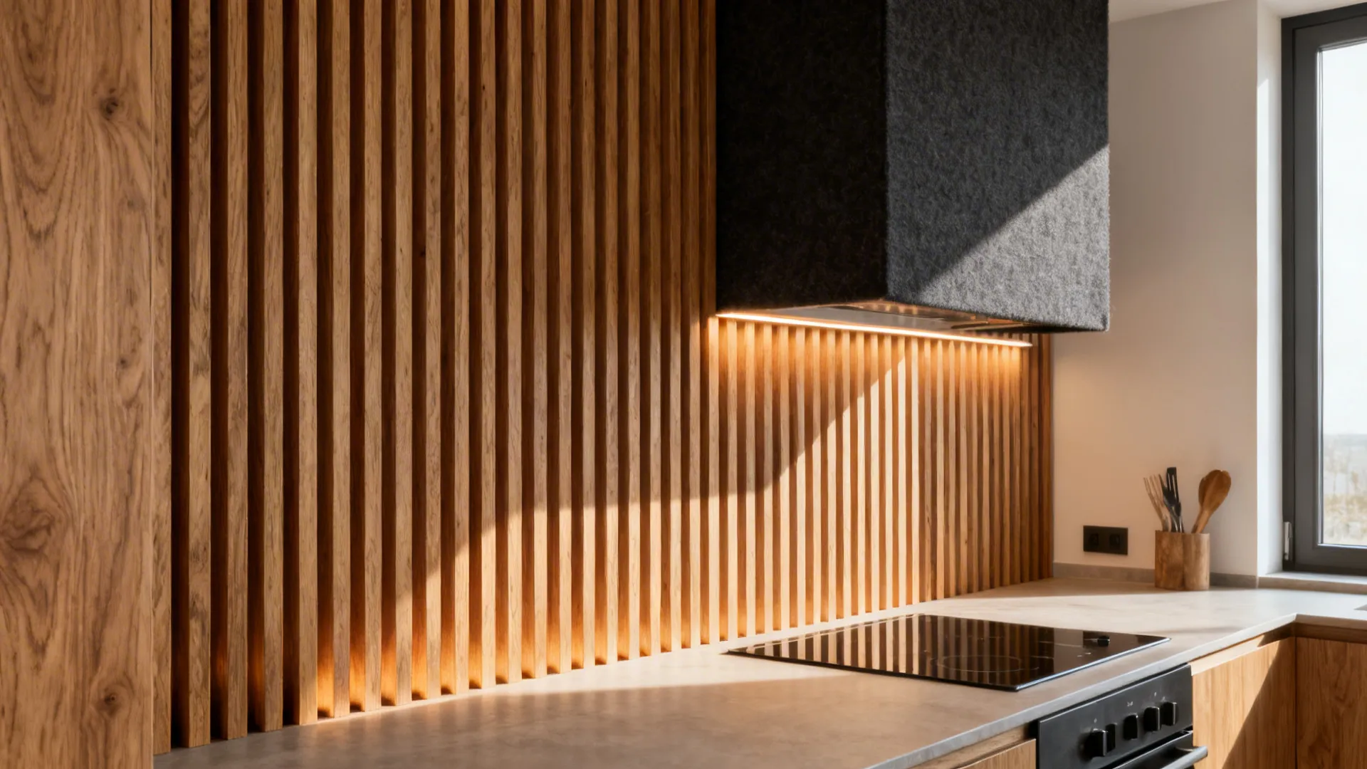 Modern kitchen with wooden wall panel and black stove hood with warm light under unit