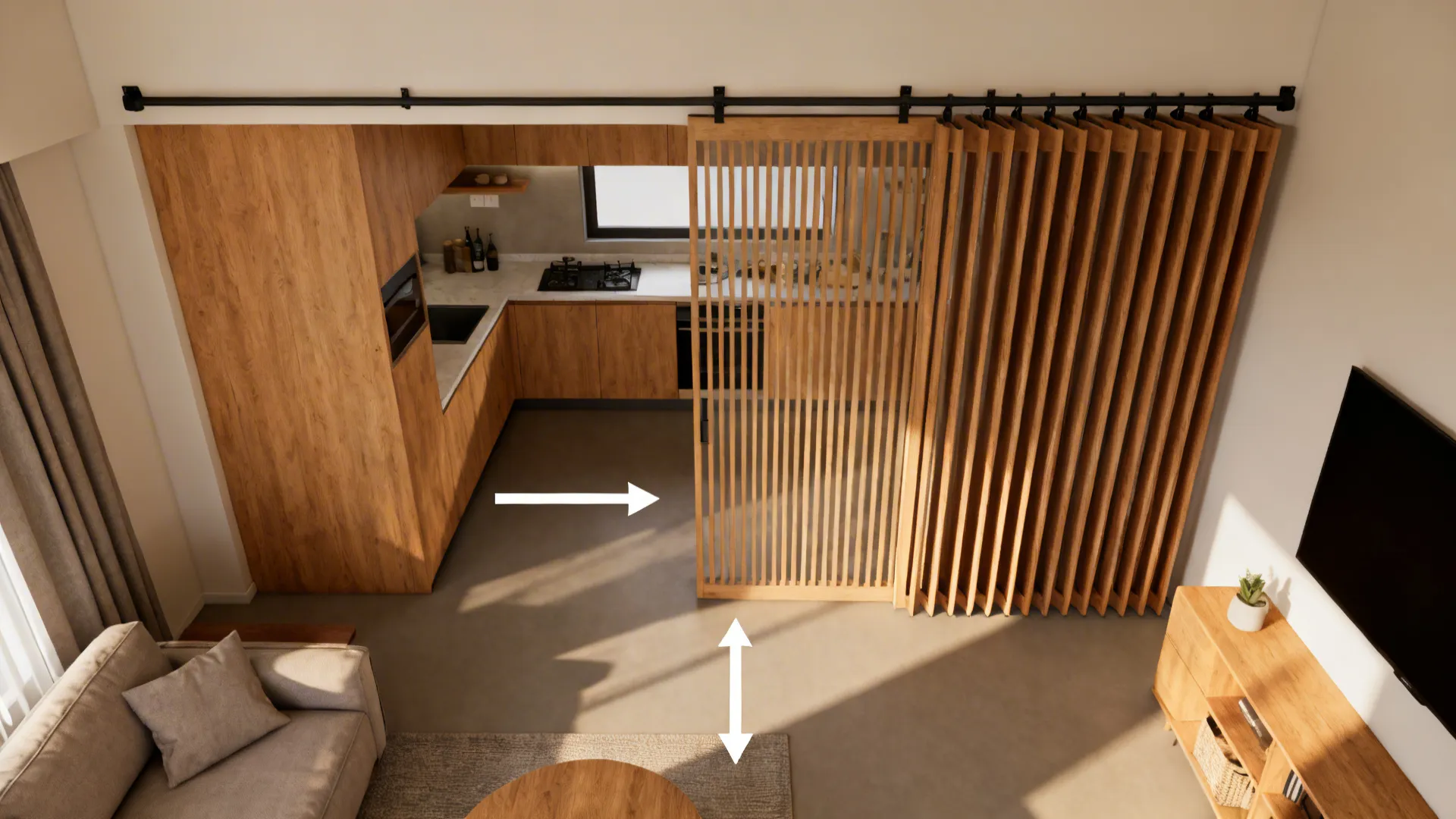 Top-down view showing a slatted screen on a ceiling track that slides to hide the kitchen.