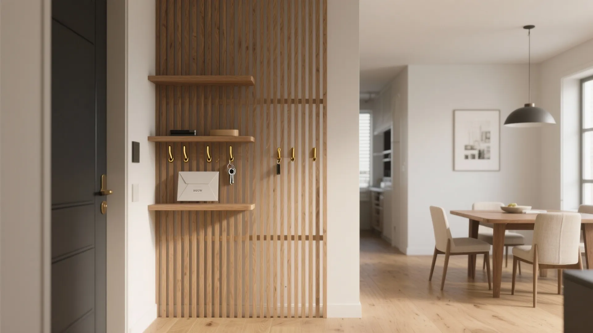 Slatted Wood Screen with Slim Shelving