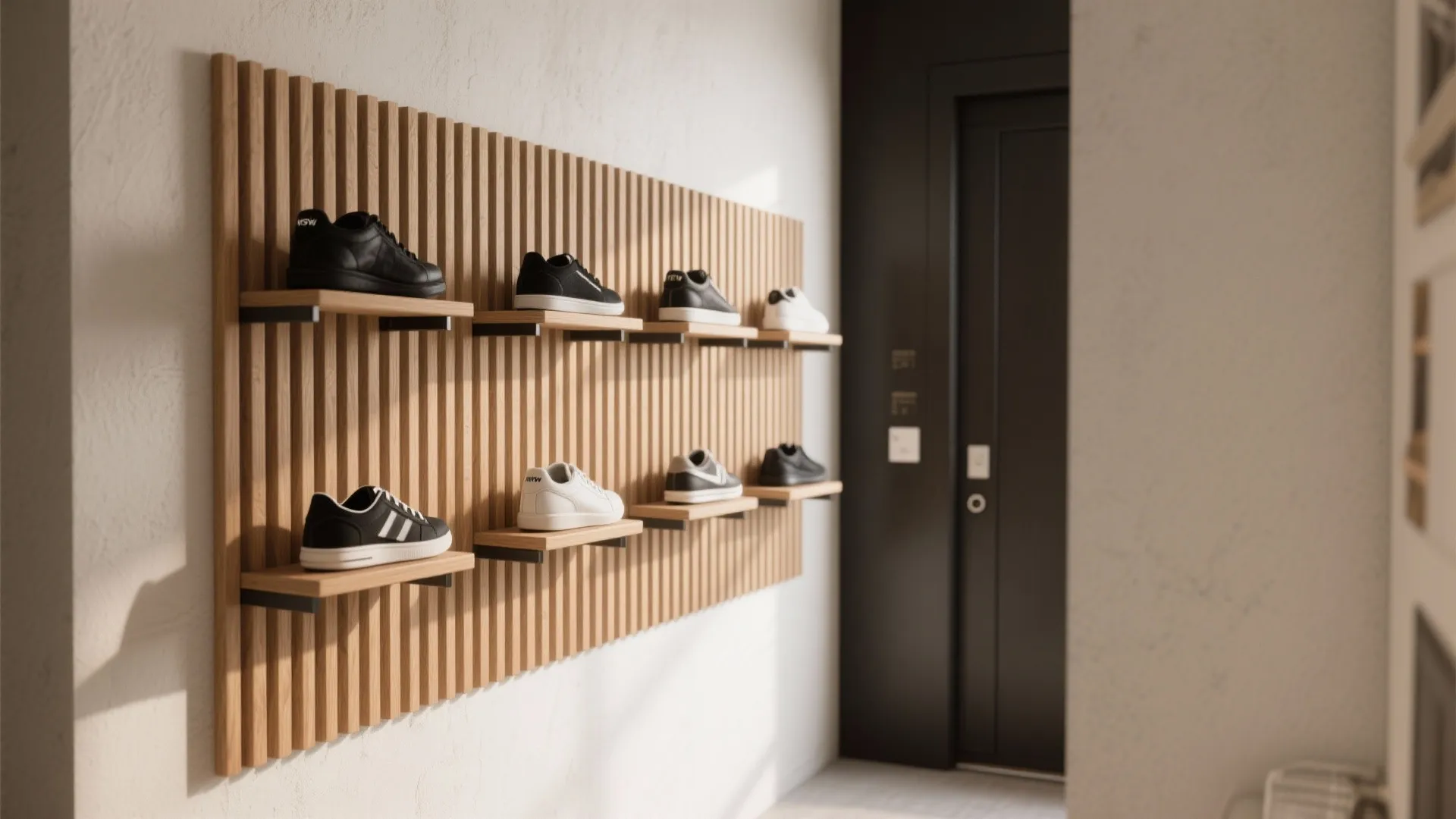 Minimalist slatted shoe wall