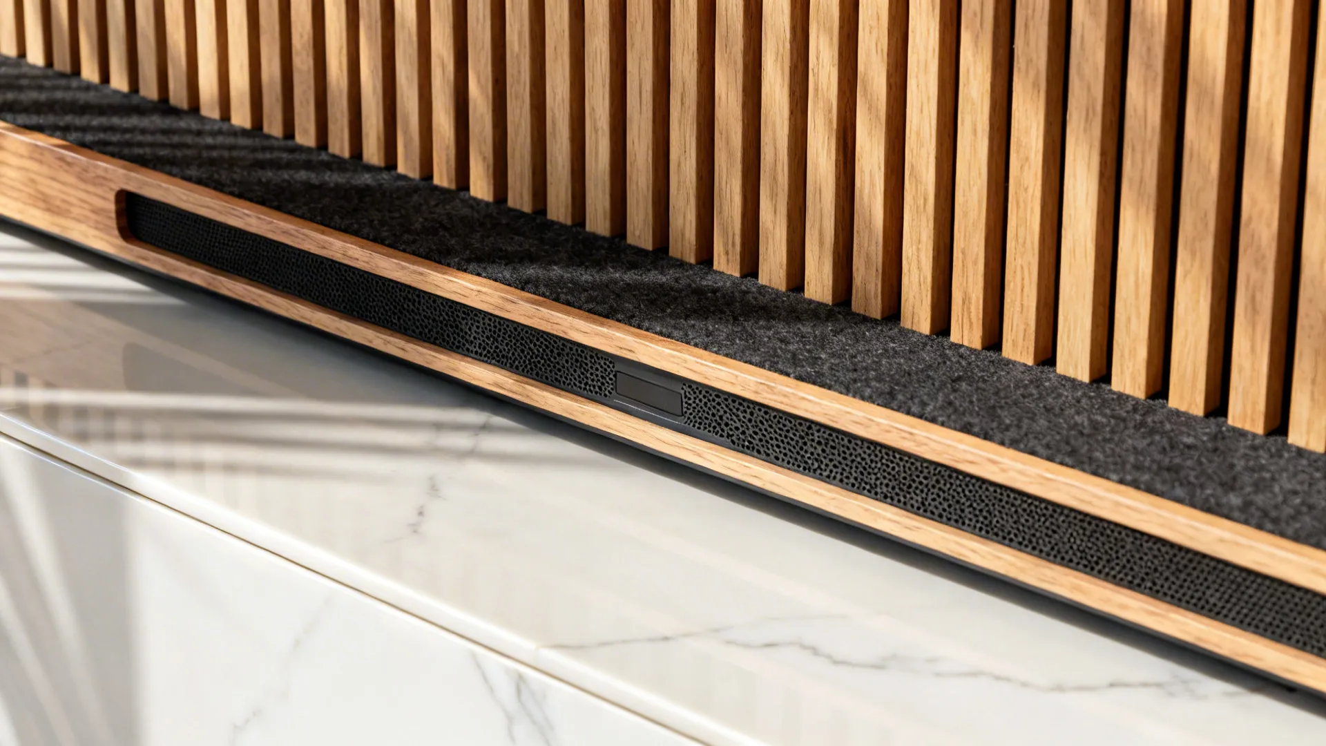 Macro of oak slats over dark felt and a porcelain slab sample showing subtle veining.