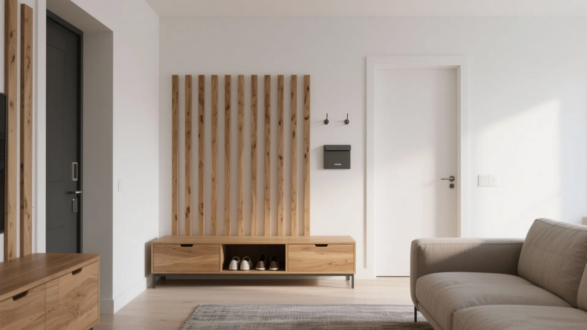 Minimalist entryway with wooden wall panels and low cabinet for shoe storage in white room