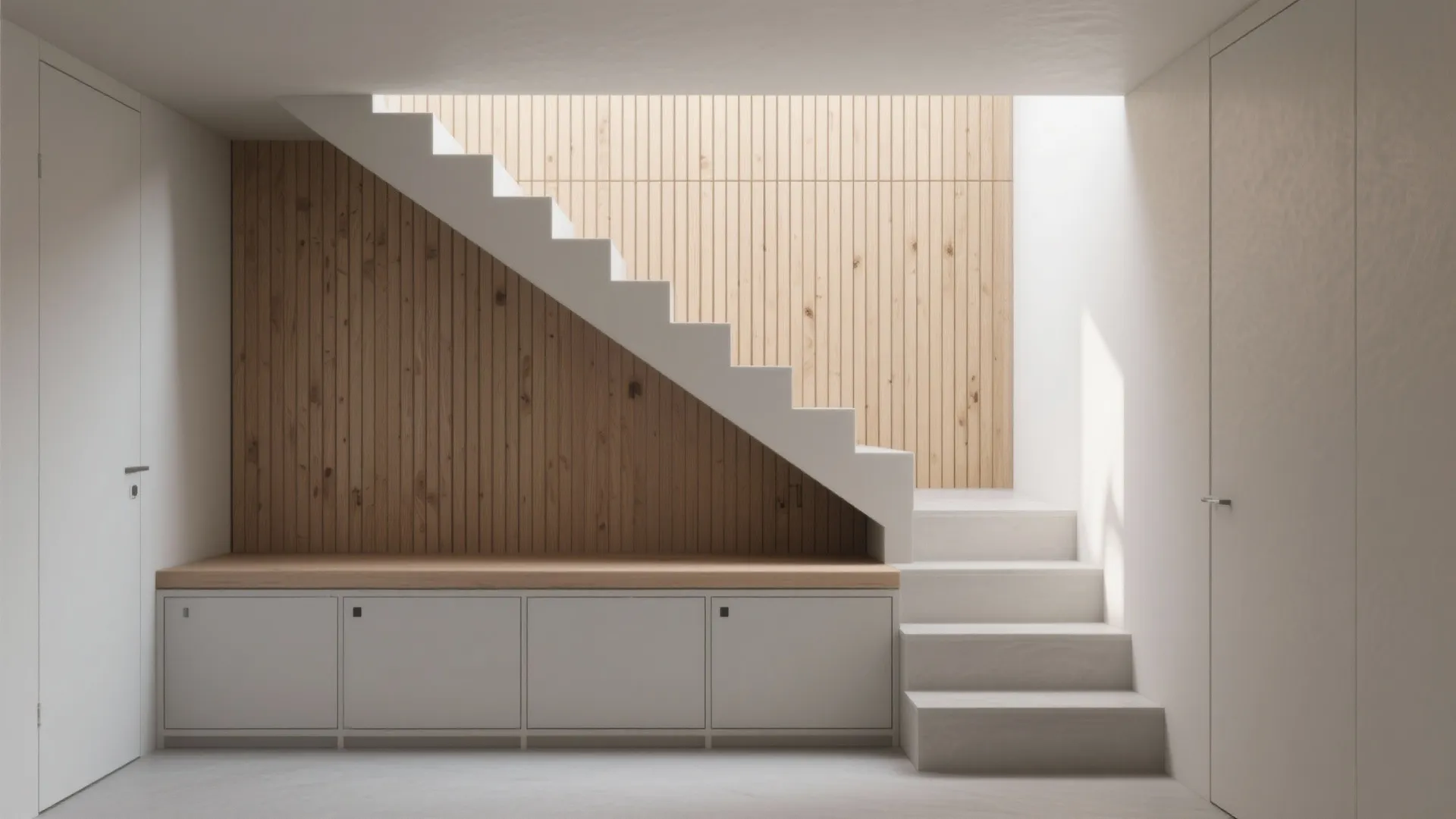 Minimalist white staircase with wood slat wall paneling and a built-in storage cabinet underneath it