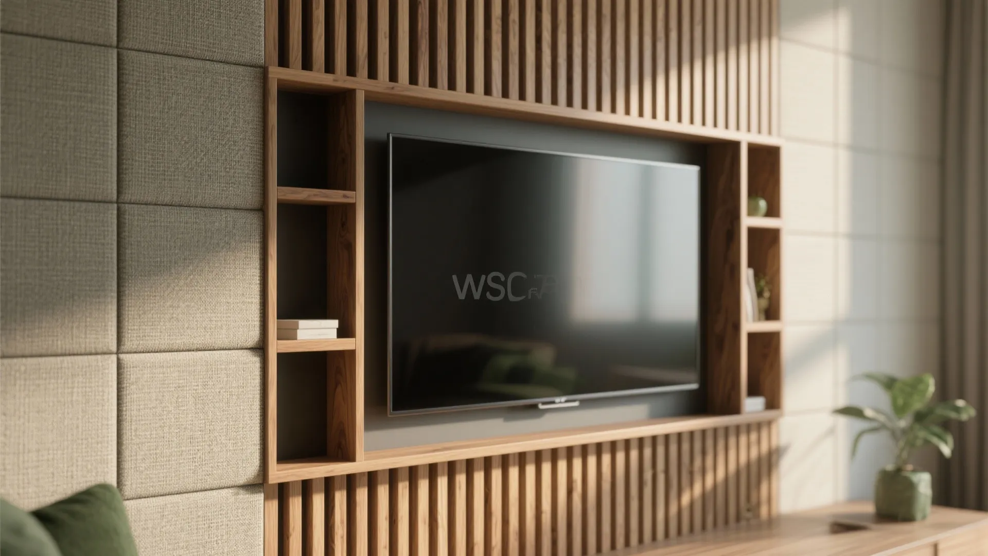 Integrated Storage and Textured Panels Around the Screen