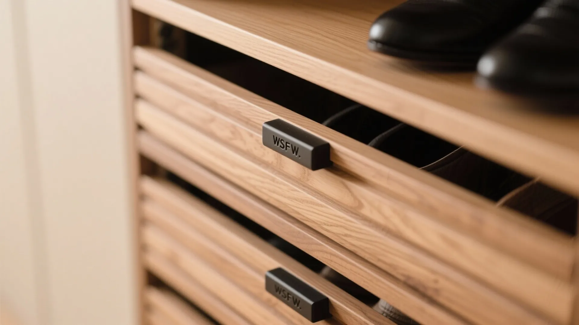 Close up of wooden storage cabinet drawers with black handles and shoes on the top shelf