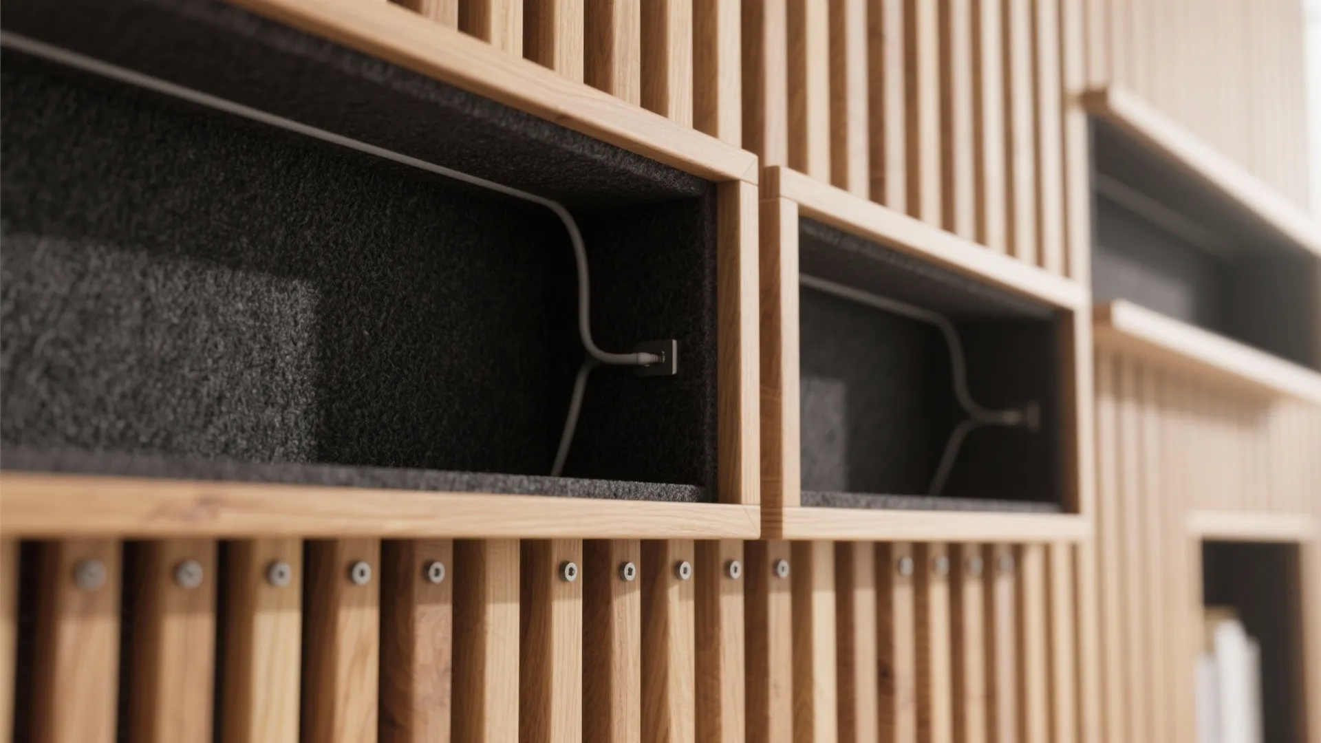 Slatted Wood Backdrop with Integrated Shelves