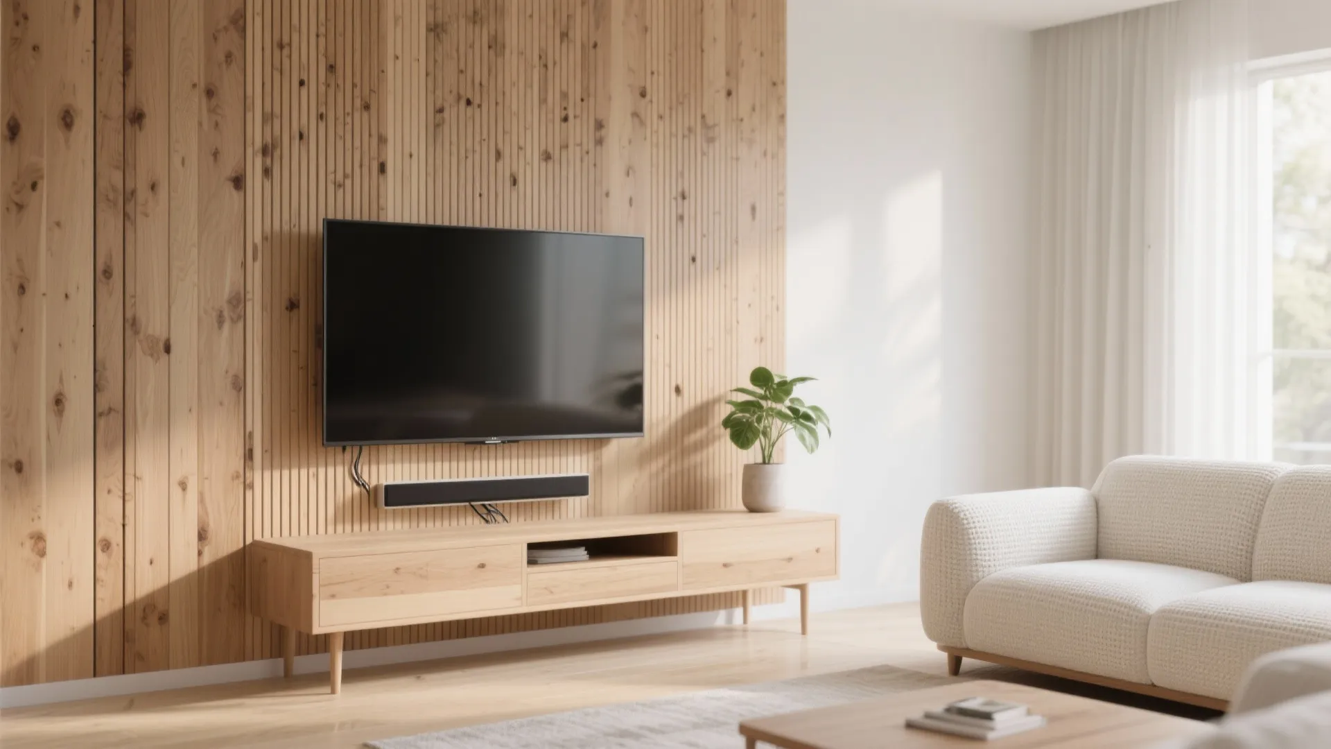 Scandinavian Wood Slat TV Wall + Low Credenza