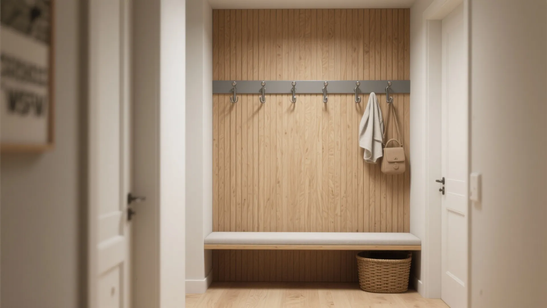 Vertical slat wall with hooks and a slim bench