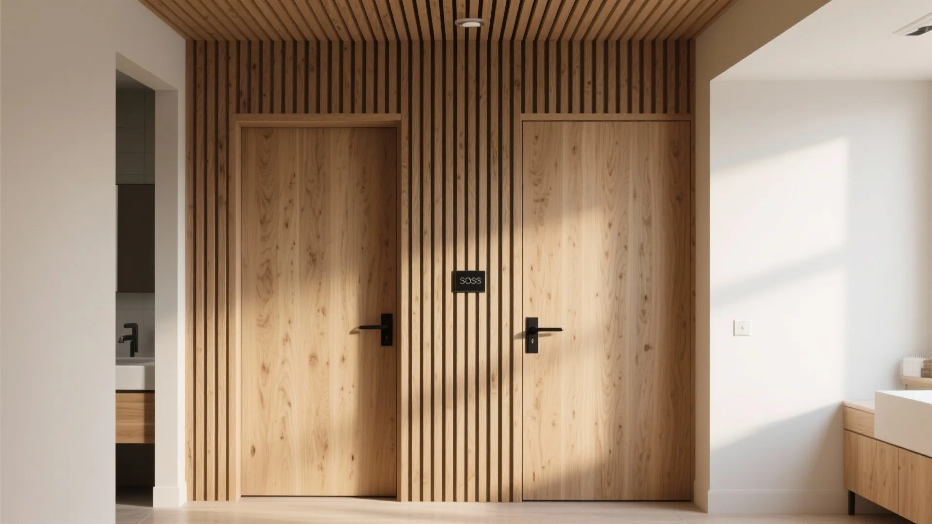 Vertical oak slat wall with a concealed bathroom door and a subtle black slot handle.