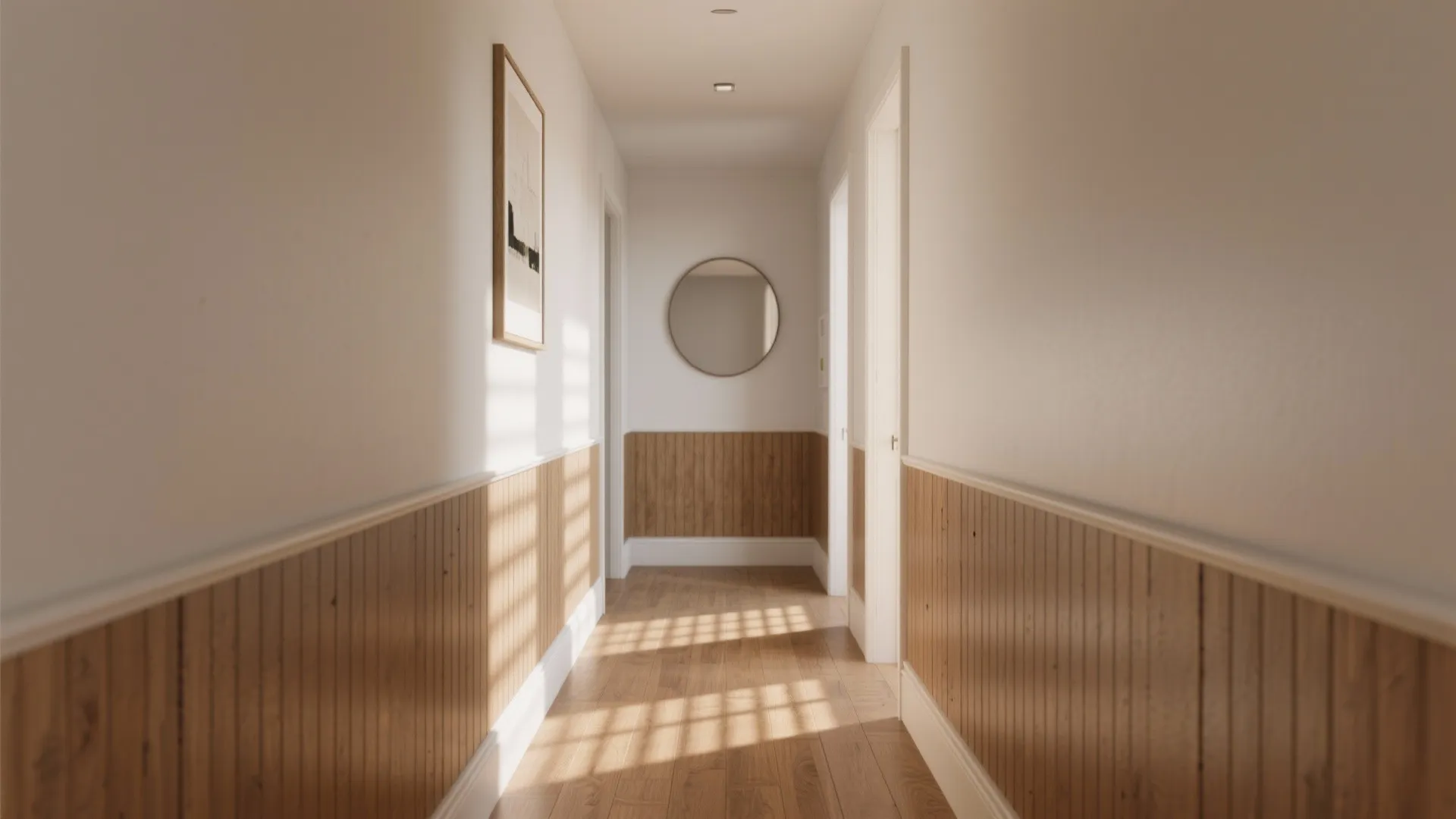 Bright hallway with vertical wood wall panels round mirror framed art and warm sunlight on floor