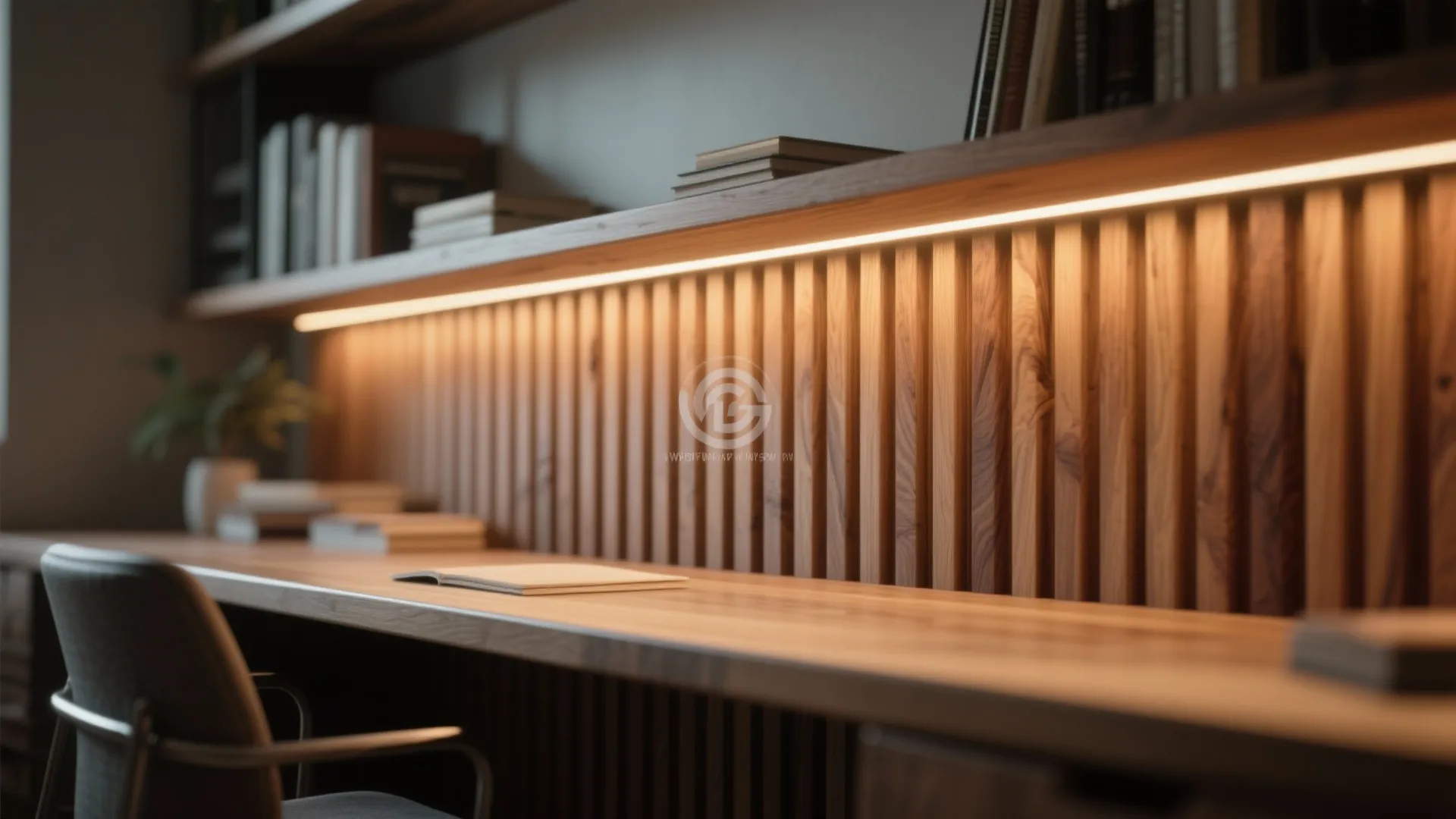 Wooden wall panel with light strip above a long wooden desk and a gray chair
