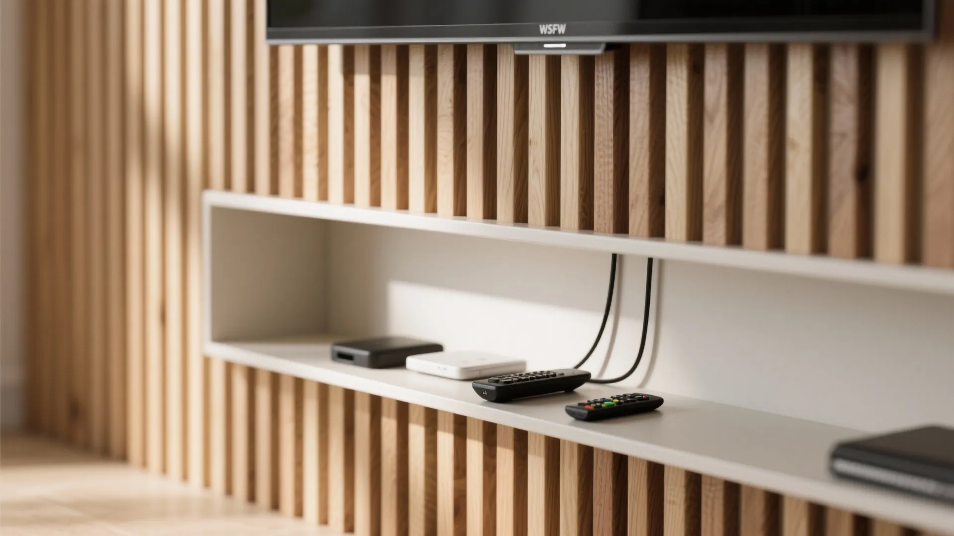 Textured Slatted Wood Wall With Hidden Shelves