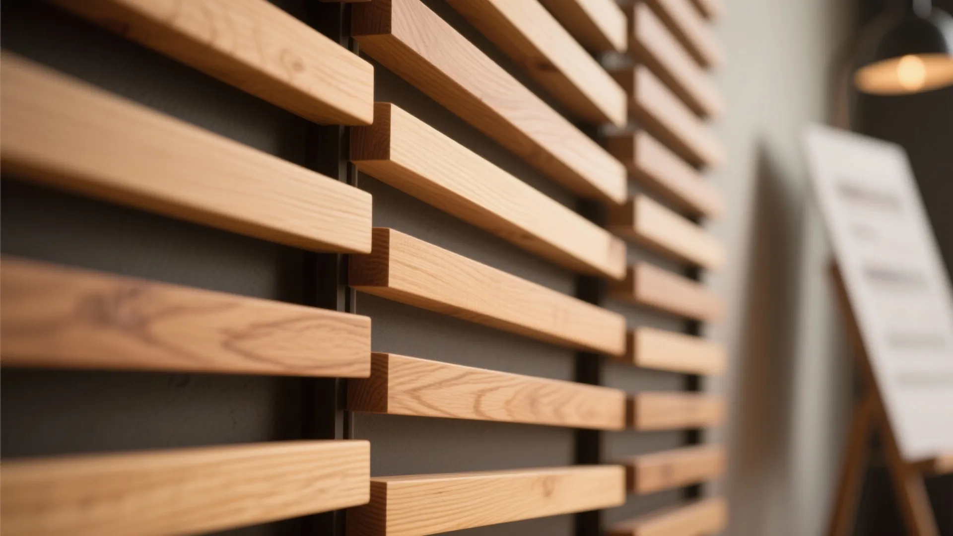 Close up view of horizontal wooden wall panels with dark background and soft light effect
