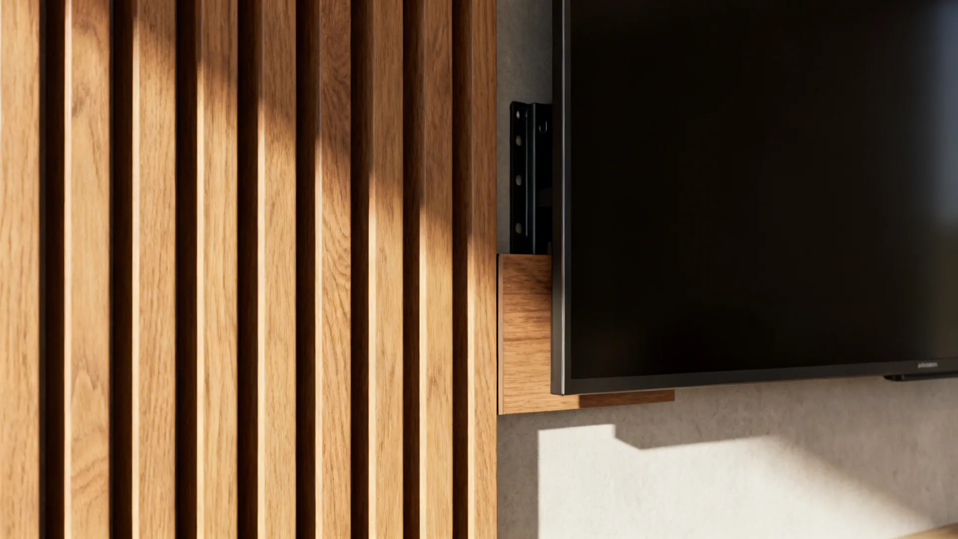 Macro of oak slatted accent wall detailing near a wall-mounted TV with low-sheen finish.