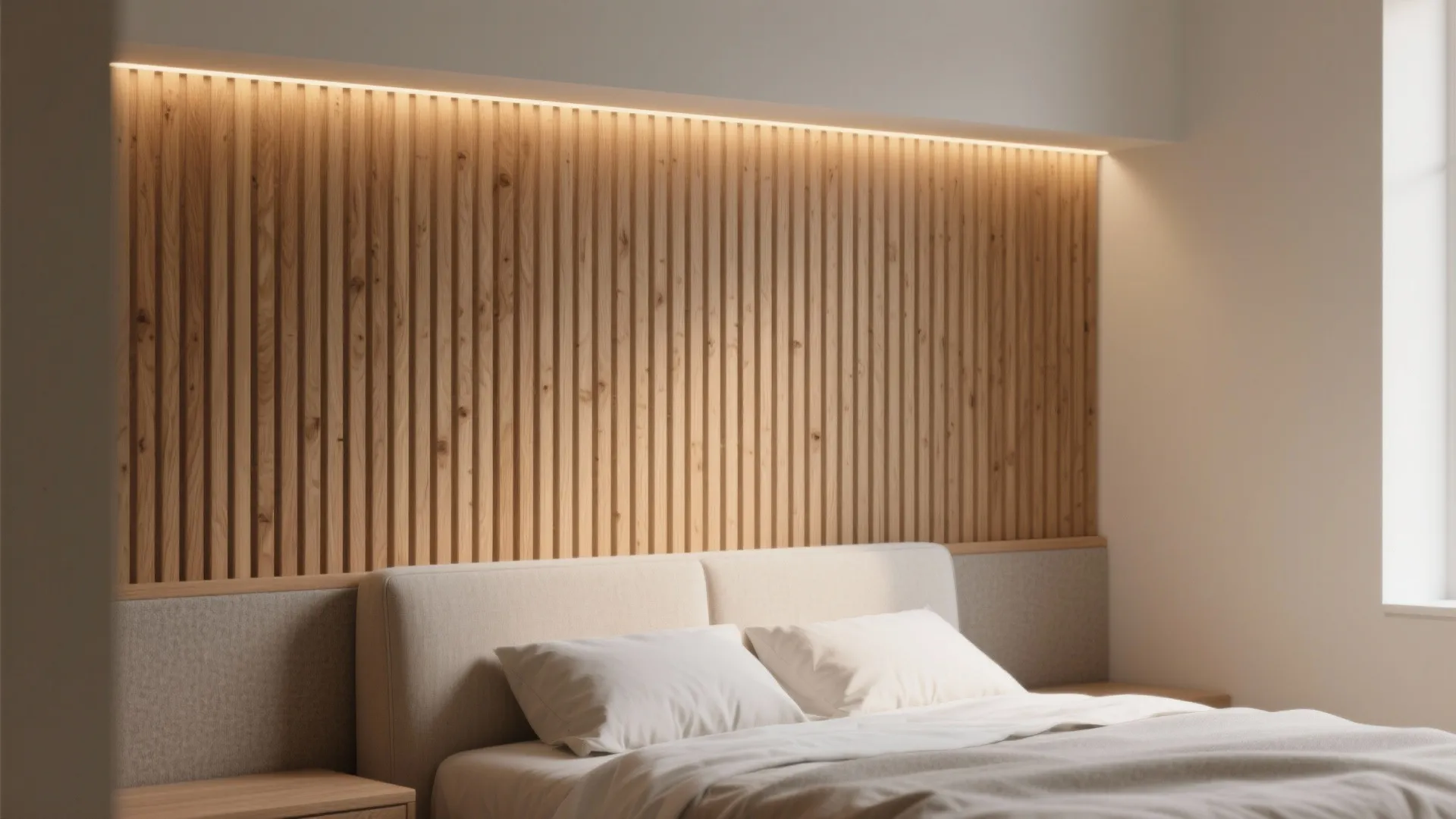 2. Vertical slat headboard wall with warm lighting