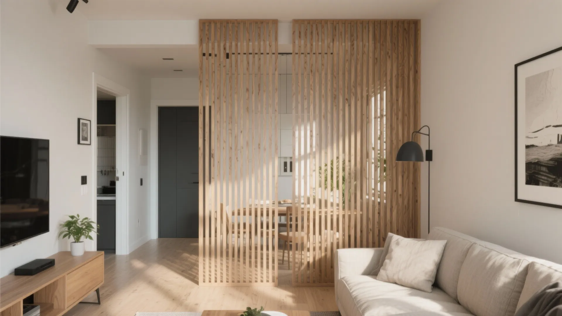 Small living room with vertical oak slat partition separating hallway and lounge under soft daylight.