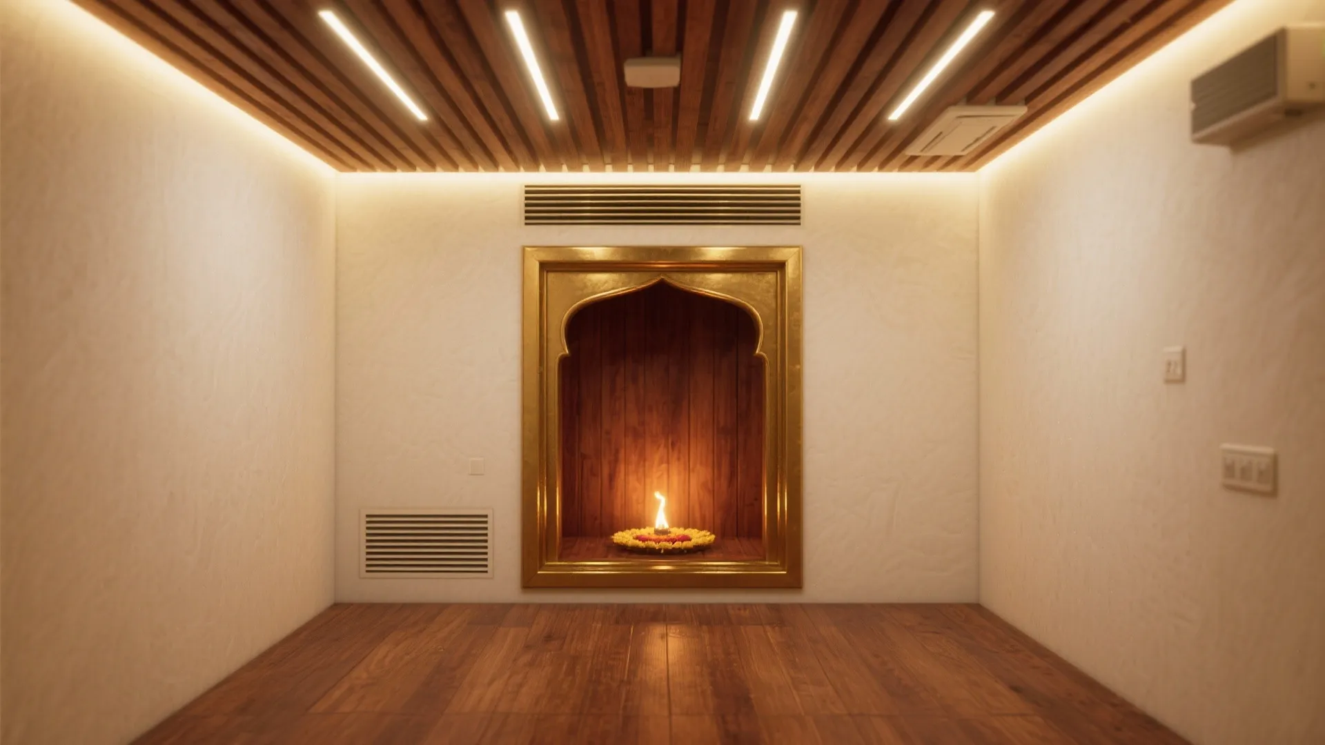 Wooden Slat Ceiling with Brass Accents