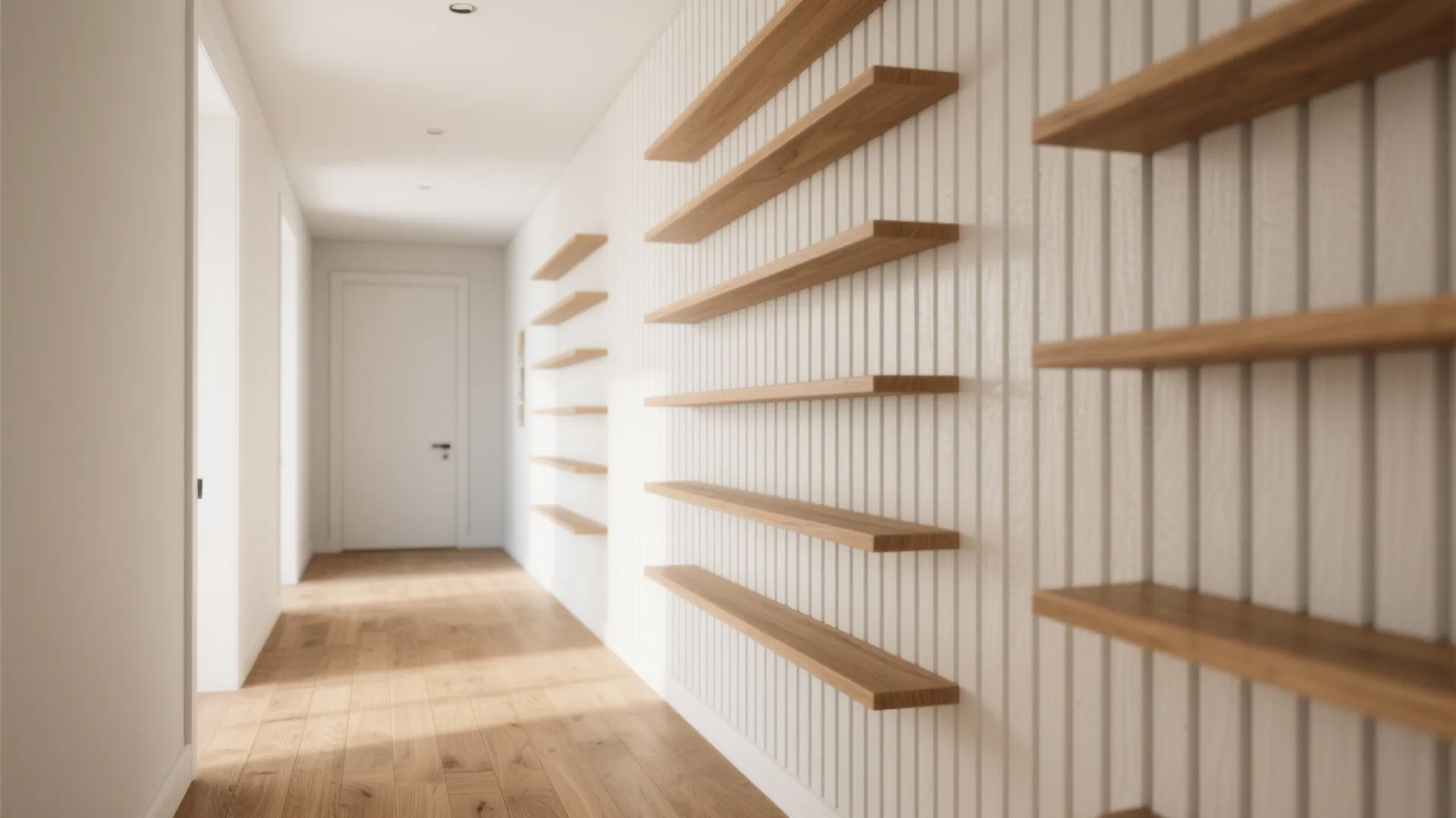 Vertical white oak slats with staggered shelves forming a warm hallway feature wall.