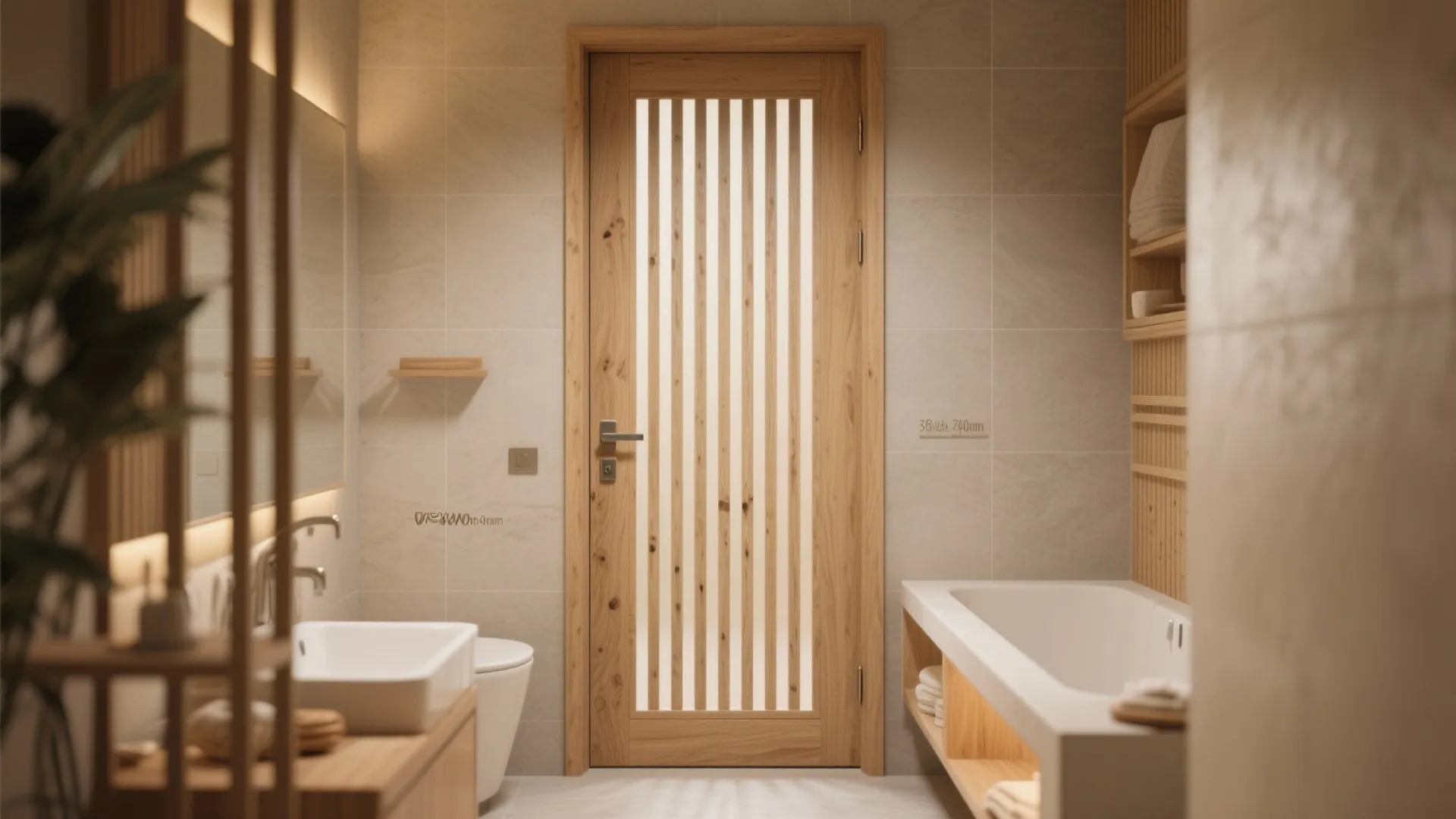 Engineered vertical slat wood bathroom door with marine-grade finish in a warm spa-like space.