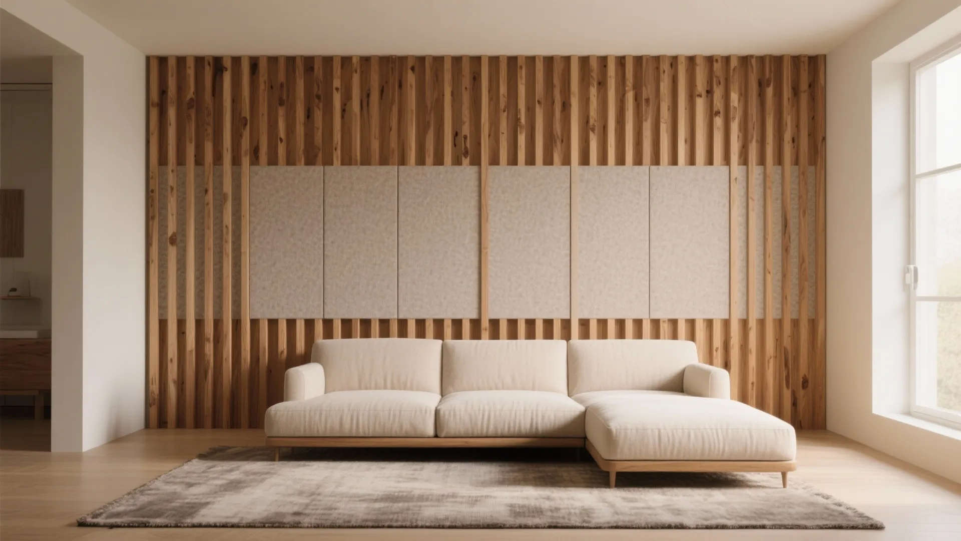Modern living room featuring vertical wood wall panels behind a cream sofa and grey rug
