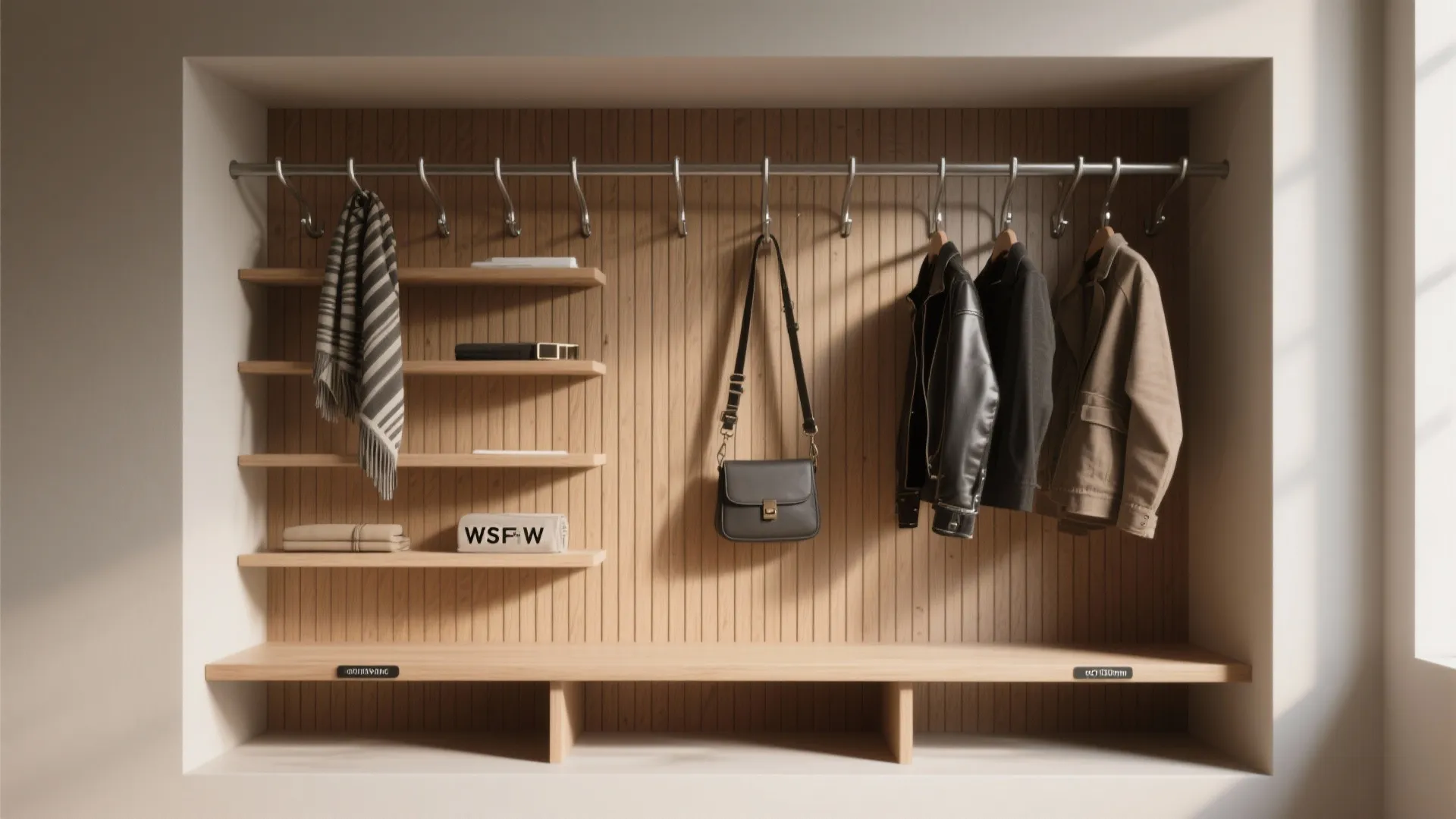 1. Vertical slatboard hooks and tiered peg rails