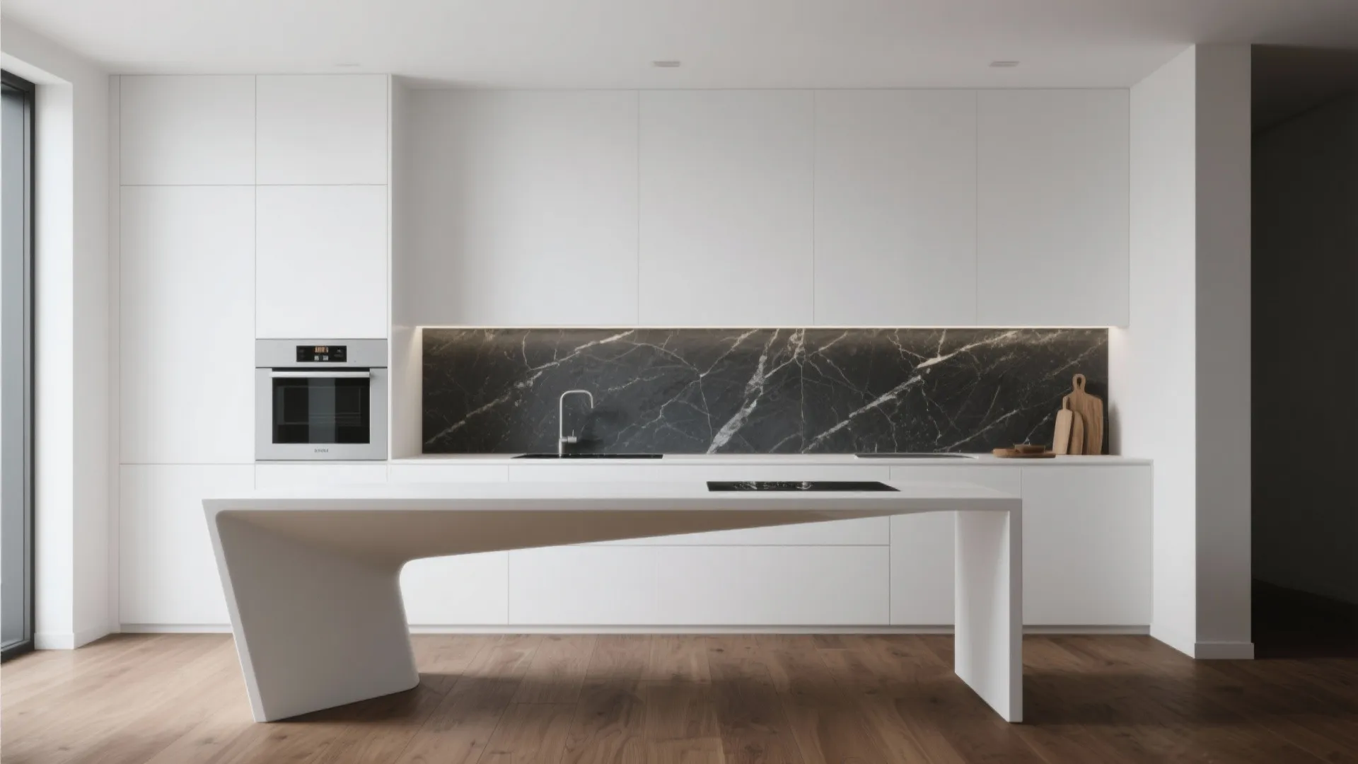Minimalist white kitchen featuring a dark marble wall panel modern island and light wood flooring