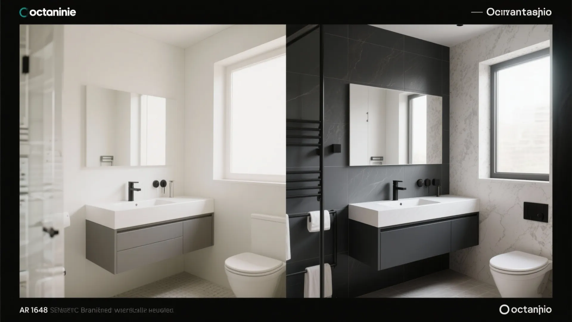 Before and after comparison of bathroom renovation with white walls versus dark grey stone tile