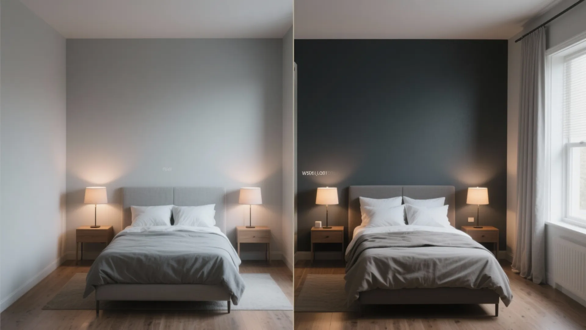 Before and after comparison showing a light grey bedroom wall versus a dark grey accent wall