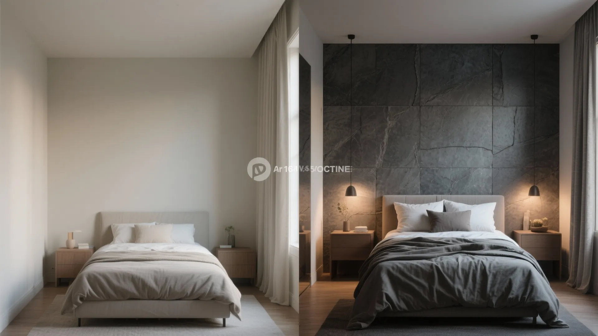 Before-and-after bedroom showing effect of a mid-tone slate accent wall behind the bed