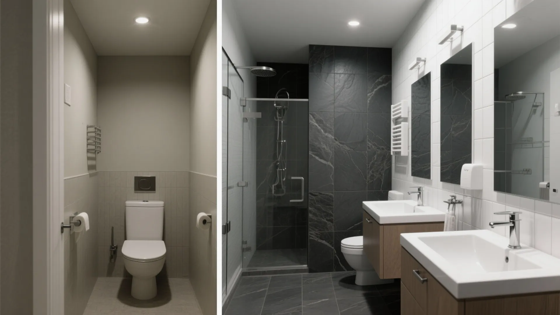 Before and after comparison of small toilet room versus modern bathroom with dark grey tiles