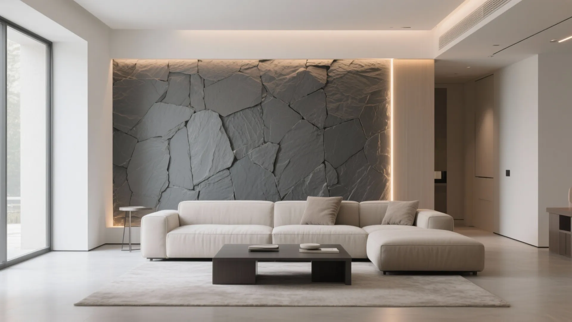 Minimalist living room with grey textured stone wall panel and long white sofa under light