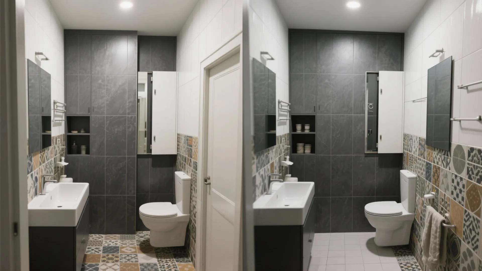 Before-and-after of a small bath upgraded to full-height slate-look panels with hidden storage.