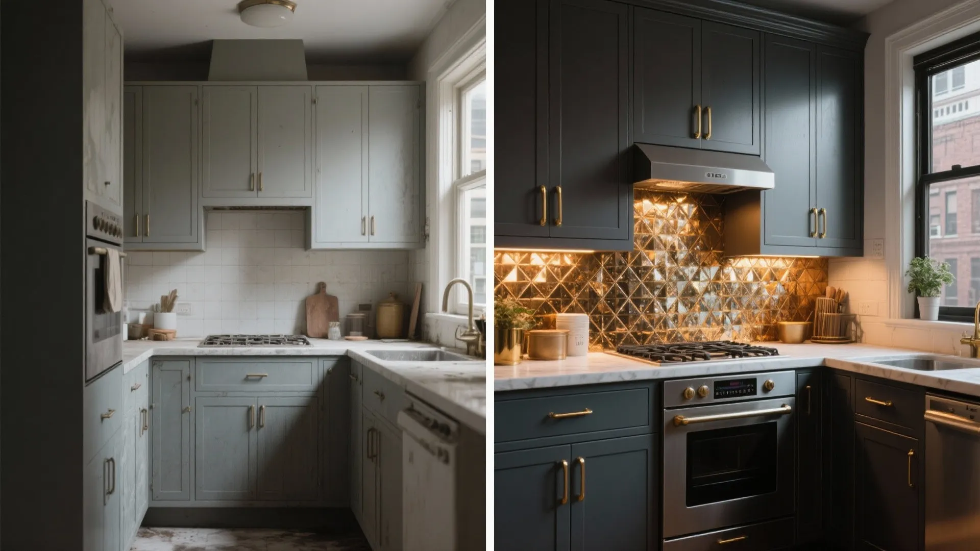 Before and after transformation showing mid-depth slate cabinets with brass pulls and improved lighting