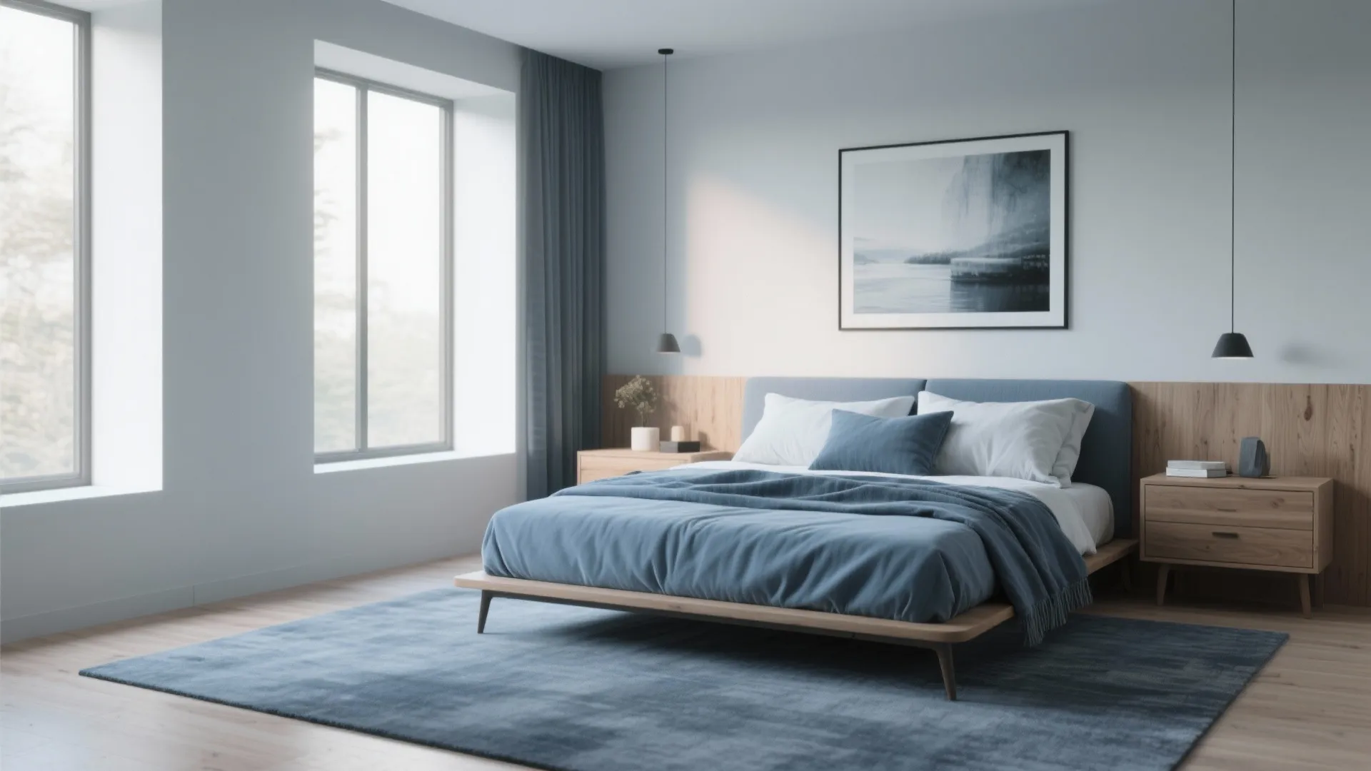 Minimalist blue bedroom with large windows wooden wall panel light blue bedding and two bedside tables