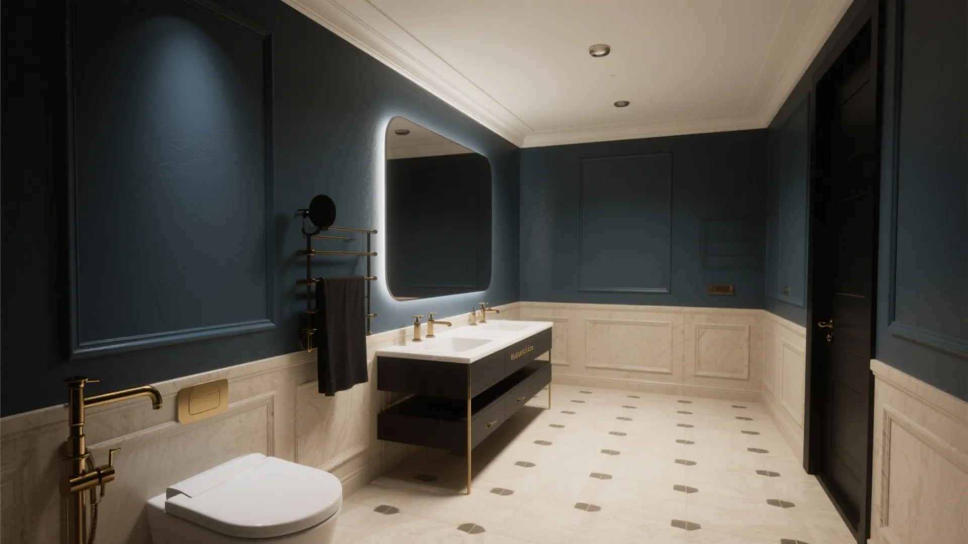 Modern bathroom with blue walls and beige wall panel plus double sink cabinet and lighted mirror