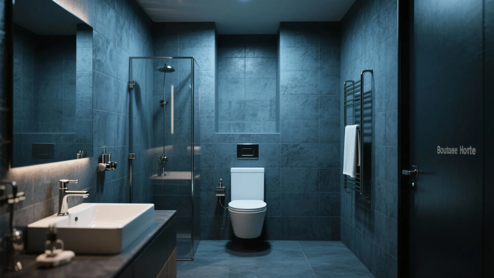 Slate blue textured bathroom walls with concrete tiles