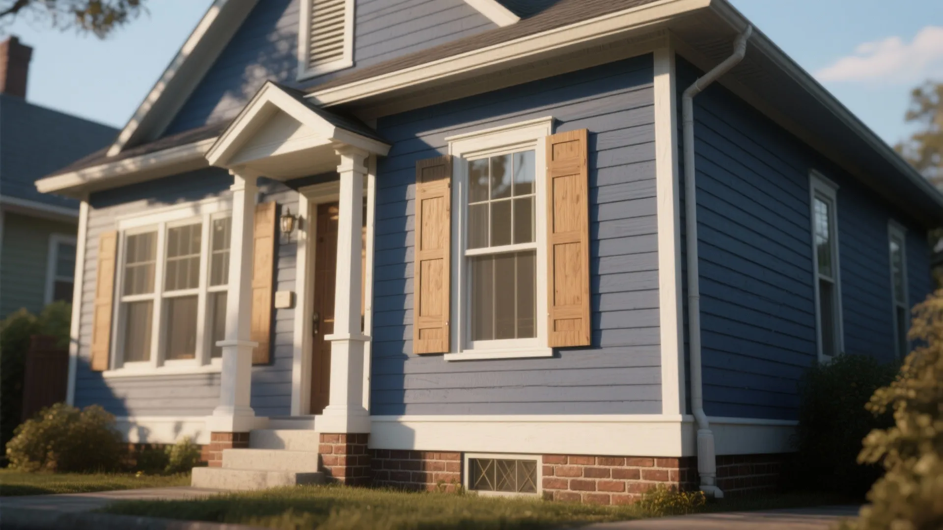 Blue house with white trim brown shutters and brick base seen from a sunny yard