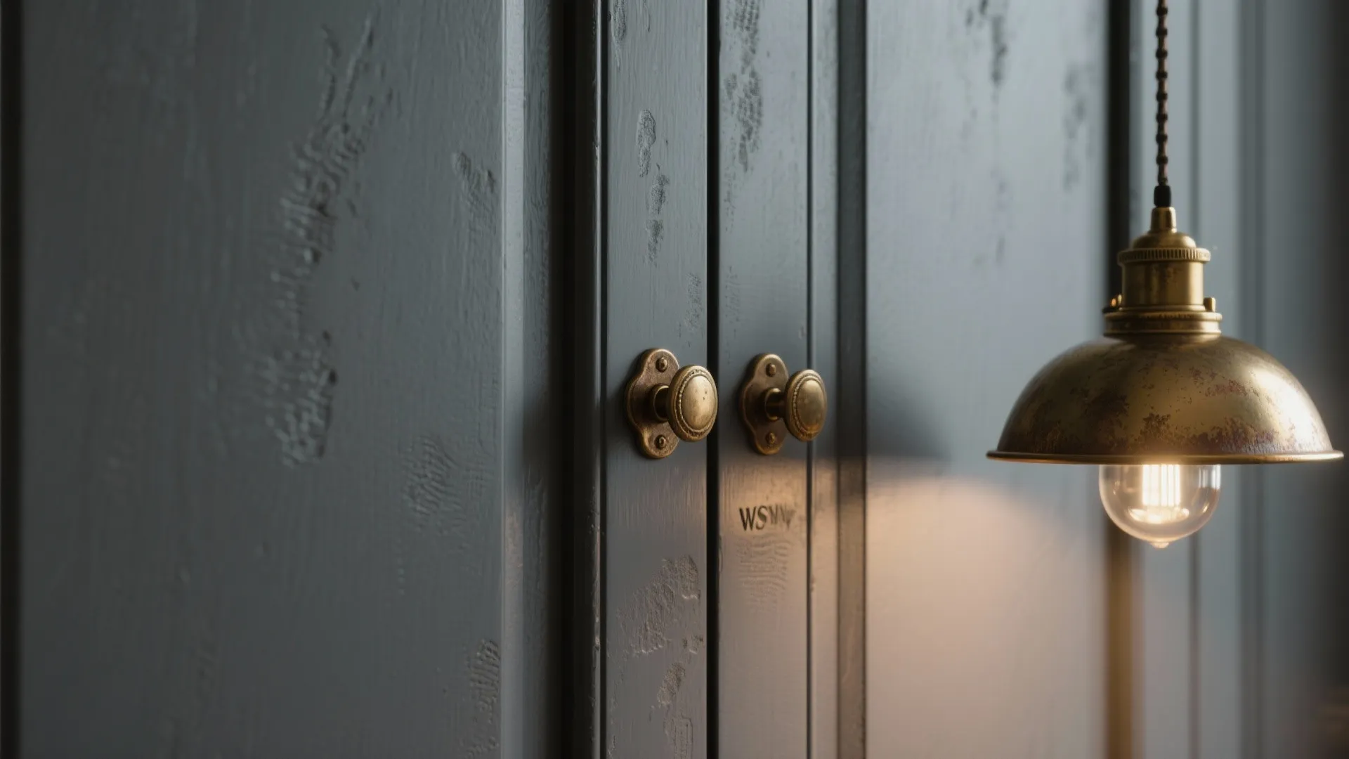 Close-up of matte slate cabinet corner with aged brass hardware and soft warm light.